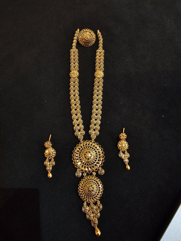 Luxury Turkish Gold Necklace Set with Intricate Dubai Pattern – Complete Bridal Jewelry Set with Matching Earrings & Statement Ring